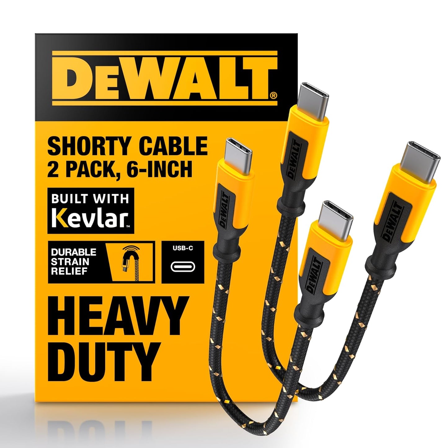 DEWALT Heavy Duty USB-C to USB-C Short Cable (2-Pack, 6in) – 60W PD Fast Charging Cord