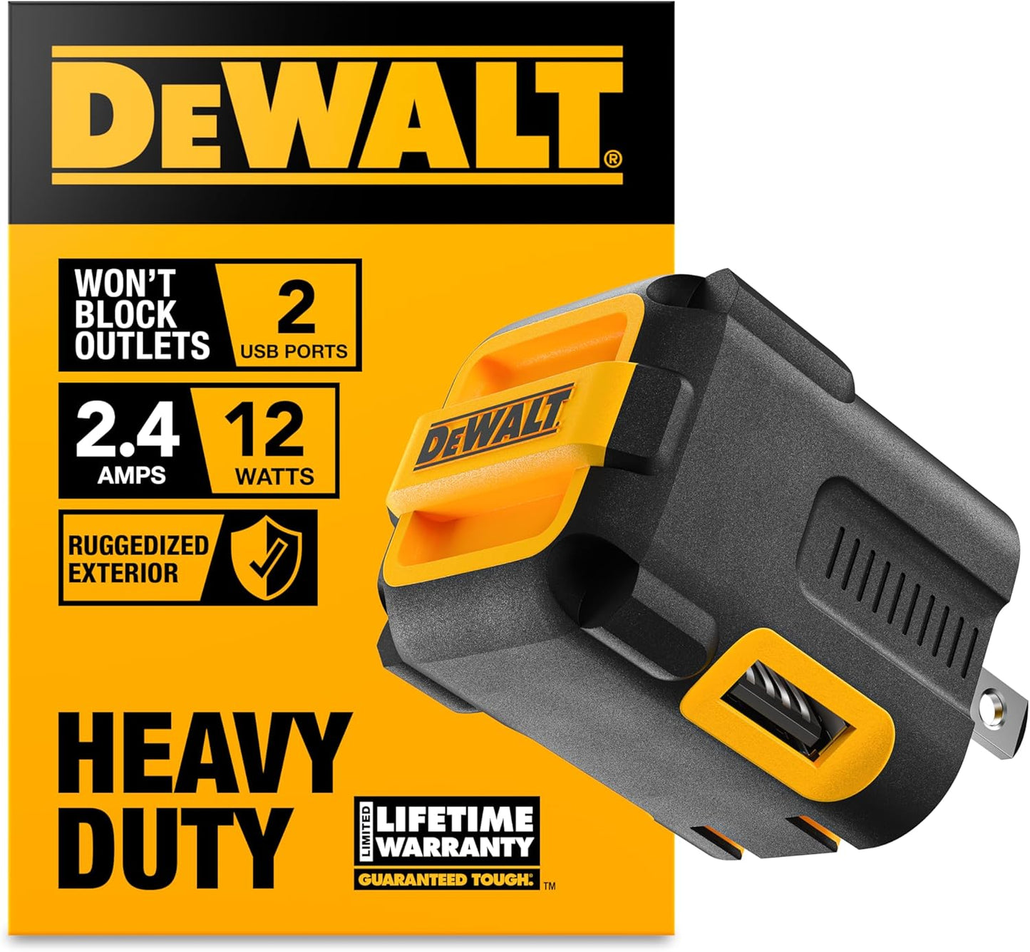DEWALT Heavy Duty NeverBlock Dual USB Wall Charger – 12W Angled Plug, Compact 2-Port Adapter