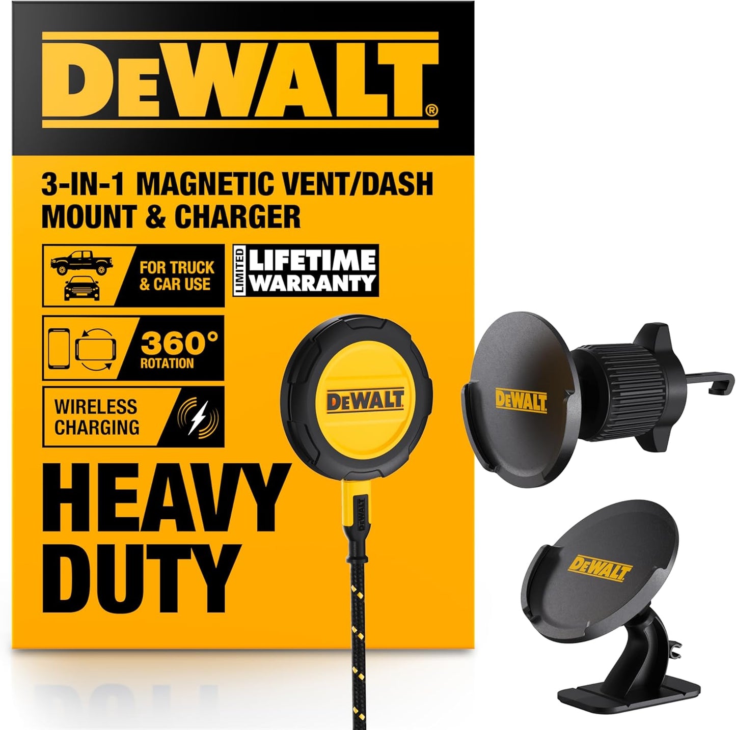 DEWALT Magnetic Wireless Car Phone Mount Charger – Vent & Dash Mount Holder