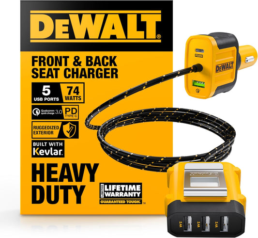 DEWALT 5-Port PD Car Charger – Front & Back Seat USB Fast Charging Hub