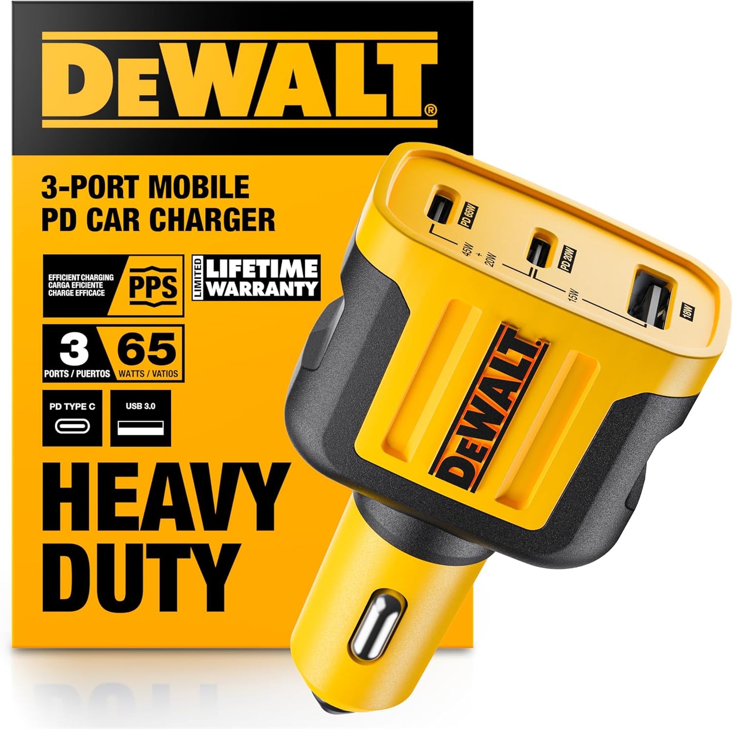 DEWALT 65W 3-Port Car Charger – Dual USB-C + USB-A Fast Charging Adapter