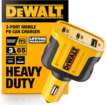 DEWALT 65W 3-Port Car Charger – Dual USB-C + USB-A Fast Charging Adapter