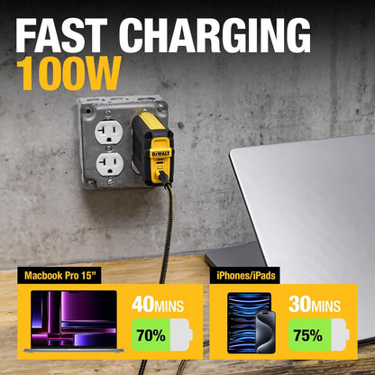 DEWALT Heavy Duty 100W USB-C GaN Wall Charger – Dual Port Fast PD Charger Block