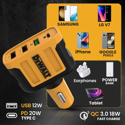 DEWALT Heavy Duty 4-Port USB-C Car Charger – 60W PD Multiport Adapter