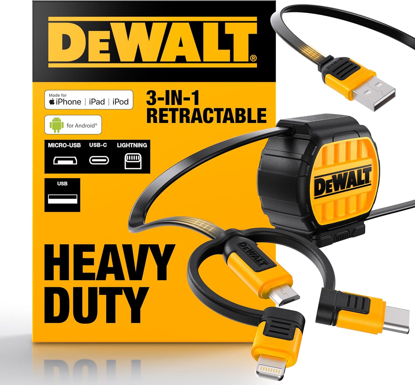 DEWALT 3-in-1 Retractable Charging Cord – 3ft Heavy-Duty Fast Charger USB-C, Lightning & Micro USB