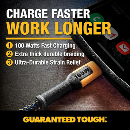 DEWALT Heavy Duty 100W USB-C Cable – PD Fast Charging Type-C to Type-C Jobsite Cord