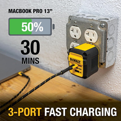 DEWALT Heavy Duty 65W USB-C GaN Wall Charger – 3-Port Fast PD Compact Adapter