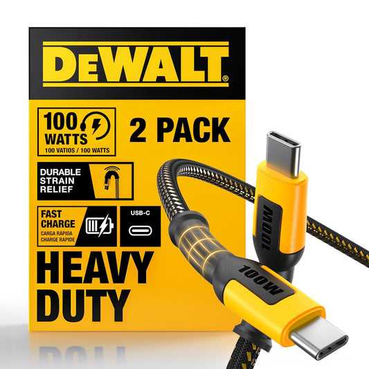 DEWALT Heavy Duty USB-C to USB-C Cables (2-Pack, 4ft) – 100W Fast Charging, Braided