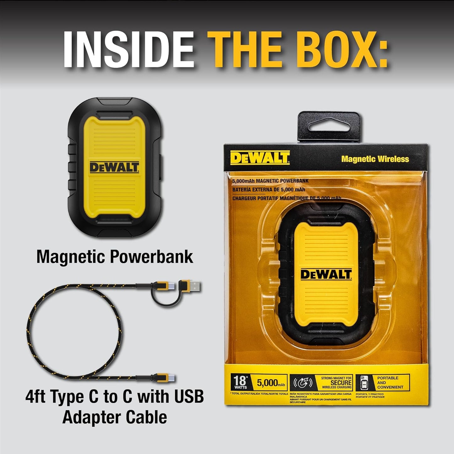 DEWALT 5,000mAh Magnetic Power Bank – Rugged Wireless Fast Charger w/USB-C Cable