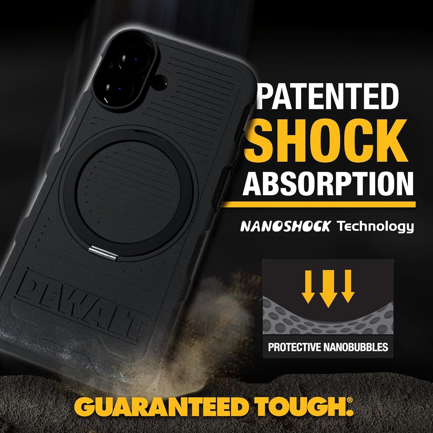 DEWALT 360° Magnetic Ring Case for iPhone 16 – Heavy-Duty, Kickstand & Grip