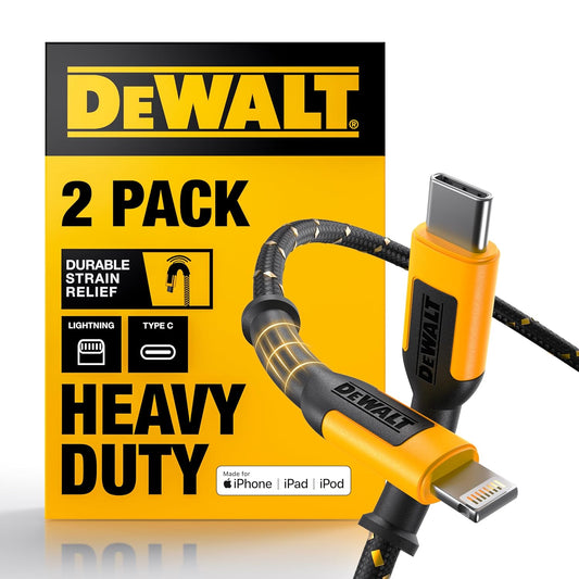 DEWALT Heavy Duty USB-C to Lightning Cables (2-Pack, 4ft) – Fast Charging, MFi Certified