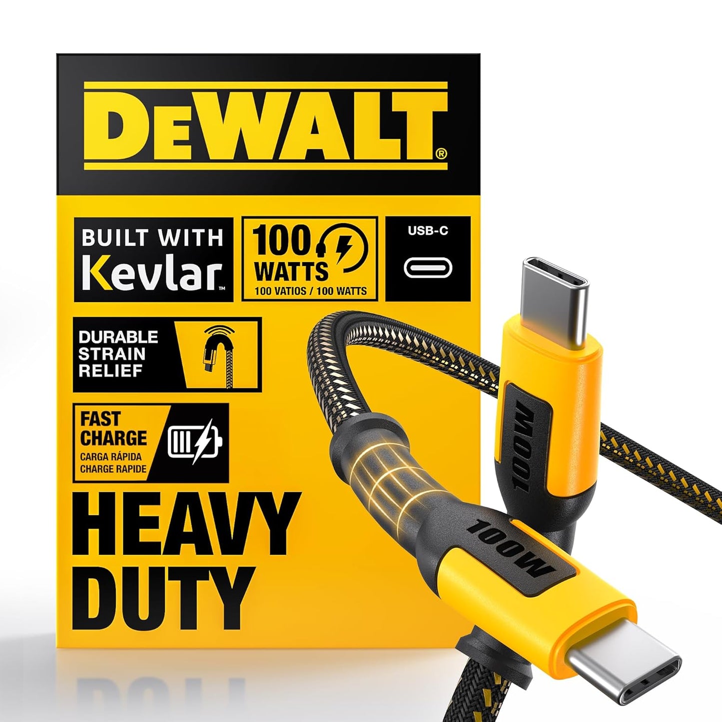 DEWALT Heavy Duty 100W USB-C Cable – PD Fast Charging Type-C to Type-C Jobsite Cord