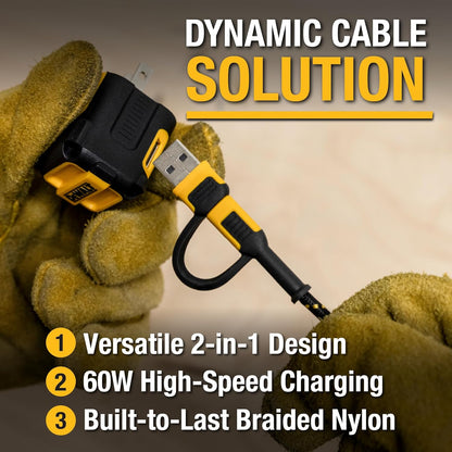 DEWALT 2-in-1 USB-C Cable (60W) – Type-C w/USB-A Adapter, Fast Charging