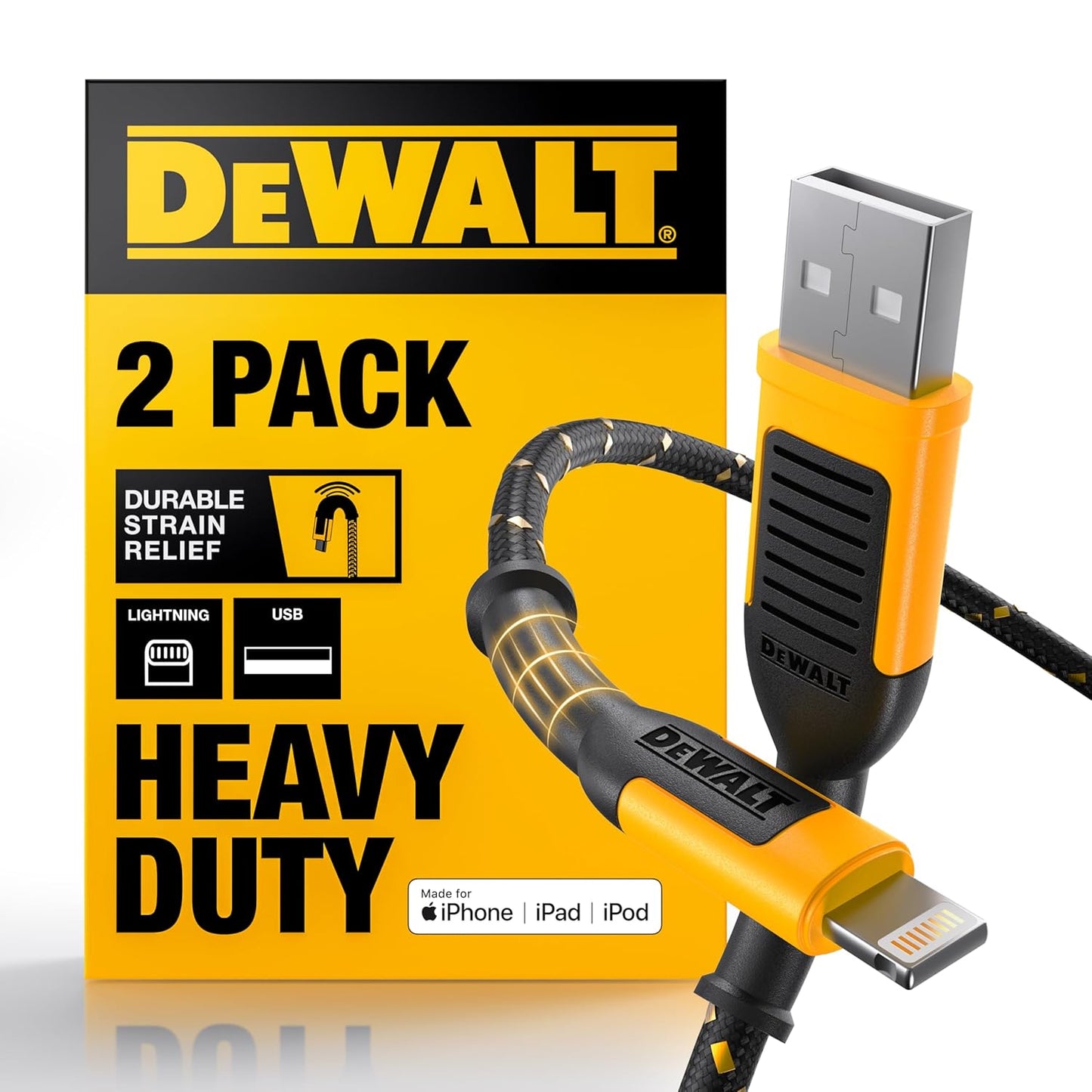 DEWALT Heavy Duty iPhone Charger Cords (2-Pack, 4ft) – MFi Certified Lightning to USB