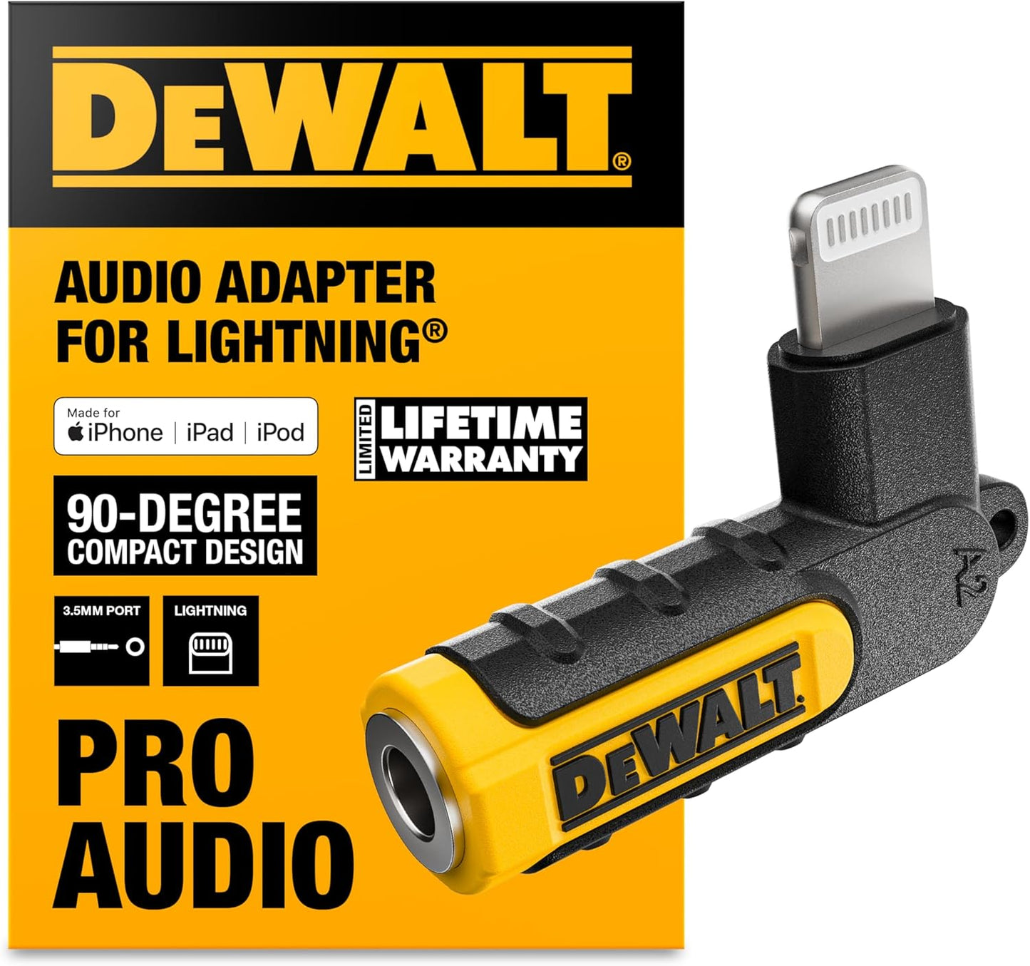 DEWALT Heavy Duty 3.5mm to Lightning Adapter – 90° L Connector, iPhone Audio Jack Converter