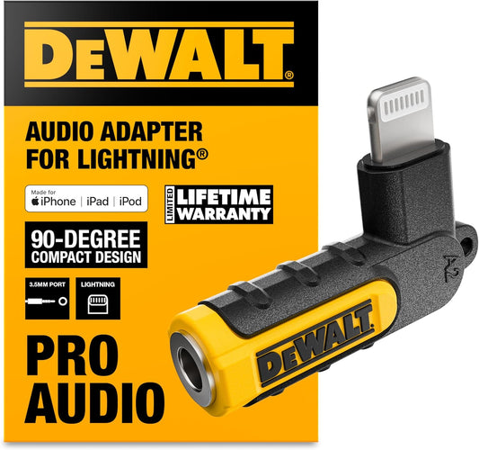 DEWALT Heavy Duty 3.5mm to Lightning Adapter – 90° L Connector, iPhone Audio Jack Converter