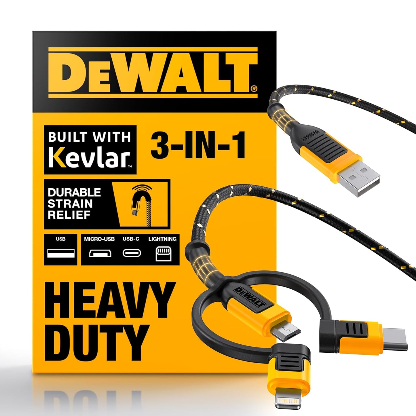 DEWALT Heavy Duty 3-in-1 Charging Cable – 6ft Fast Charger Lightning/USB-C/Micro USB