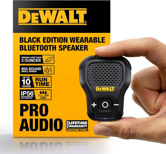 DEWALT Wearable Bluetooth Speaker – Onyx Edition Clip-On Wireless Jobsite Speaker w/Mic, Water-Repellent, Compact & Portable