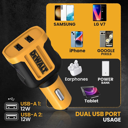 DEWALT Heavy Duty 24W USB Car Charger – Fast Dual-Port Adapter
