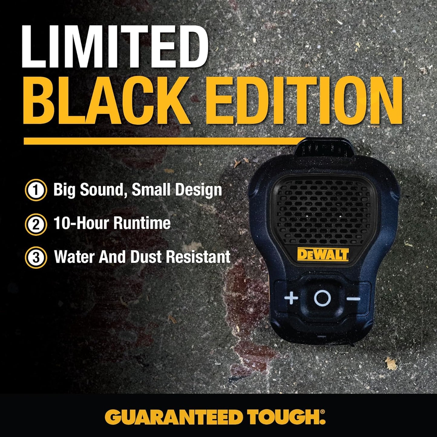 DEWALT Wearable Bluetooth Speaker – Onyx Edition Clip-On Wireless Jobsite Speaker w/Mic, Water-Repellent, Compact & Portable