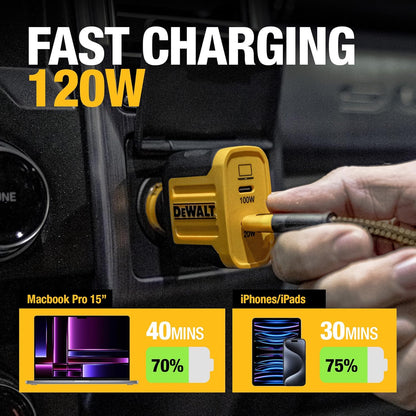 DEWALT Heavy Duty 120W USB-C Car Charger – Dual PD 3.0 PPS Fast Adapter