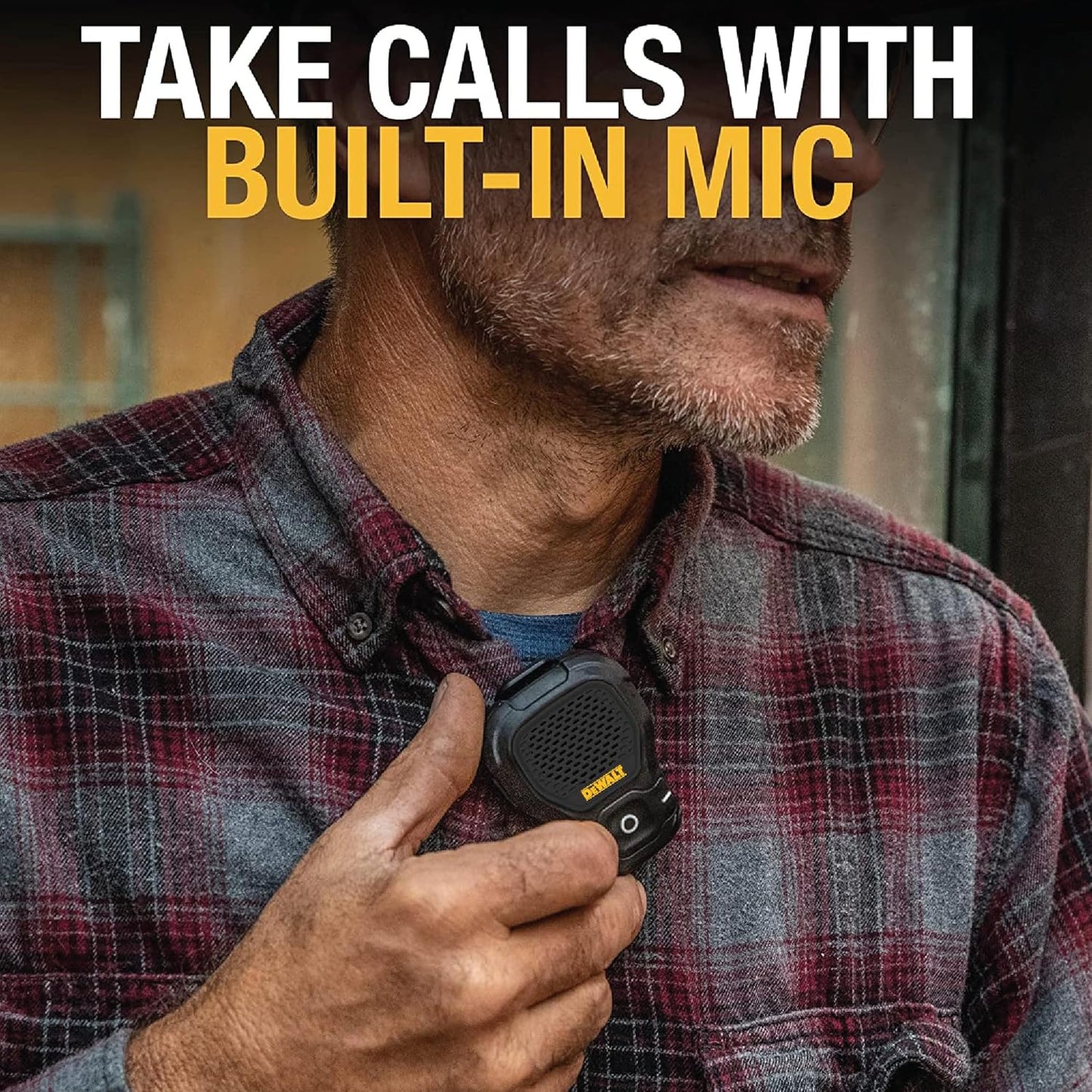 DEWALT Wearable Bluetooth Speaker – Onyx Edition Clip-On Wireless Jobsite Speaker w/Mic, Water-Repellent, Compact & Portable