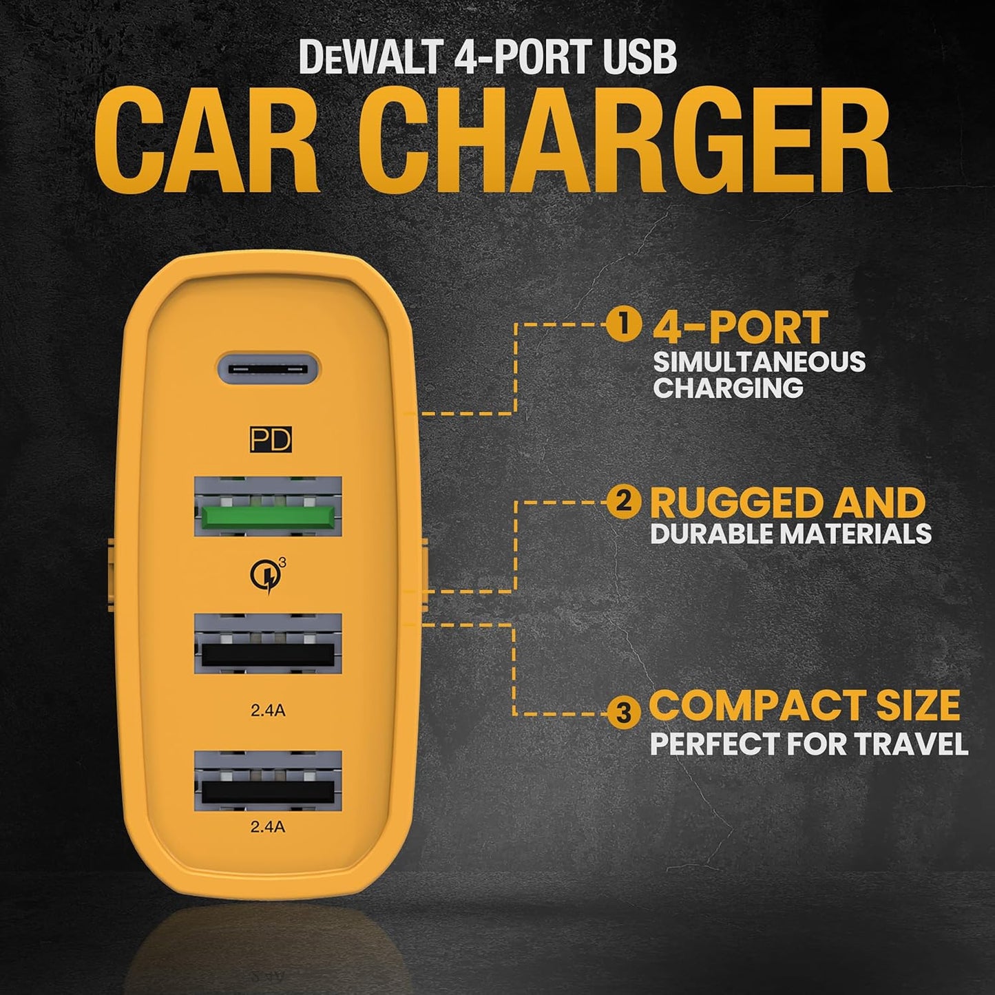 DEWALT Heavy Duty 4-Port USB-C Car Charger – 60W PD Multiport Adapter