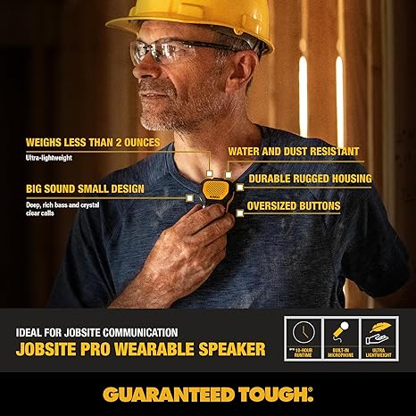 DEWALT Wearable Bluetooth Speaker – Updated Clip-On Jobsite Portable Speaker w/Mic