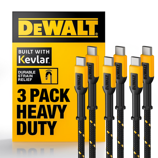 DEWALT Heavy Duty USB-C Cable 3-Pack (6ft) – 60W PD Fast Charging Type-C to Type-C for iPhone, MacBook, iPad & Samsung