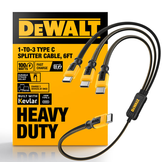 DEWALT 100W Smart USB-C to USB-C Splitter – Data Transfer & Fast Charging, 1-to-3 Output, Kevlar Reinforced, 6ft Heavy-Duty for Laptop, MacBook, iPad, Android, Samsung, iPhone, Works w/Carplay