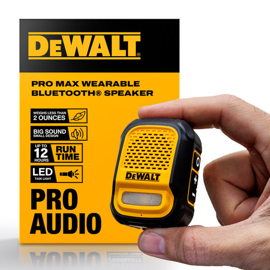 DEWALT Wearable Bluetooth Speaker Pro Max Jobsite Clip-On Mini Speaker w/LED Work Light, IP56 Water Resistant, 12H Runtime, Built-in Mic & Multi-Speaker Link