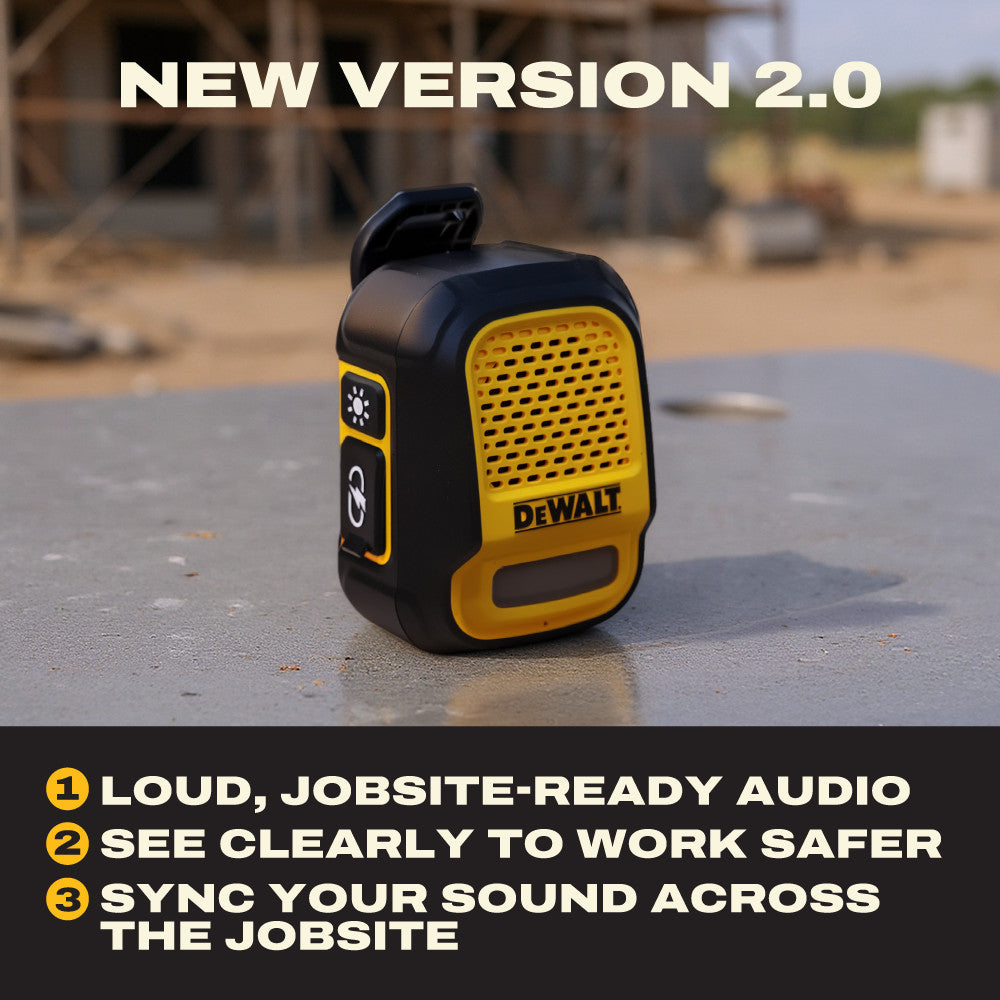 DEWALT Wearable Bluetooth Speaker Pro Max Jobsite Clip-On Mini Speaker w/LED Work Light, IP56 Water Resistant, 12H Runtime, Built-in Mic & Multi-Speaker Link