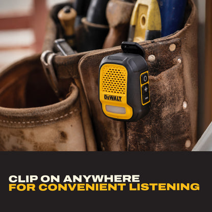 DEWALT Wearable Bluetooth Speaker Pro Max Jobsite Clip-On Mini Speaker w/LED Work Light, IP56 Water Resistant, 12H Runtime, Built-in Mic & Multi-Speaker Link
