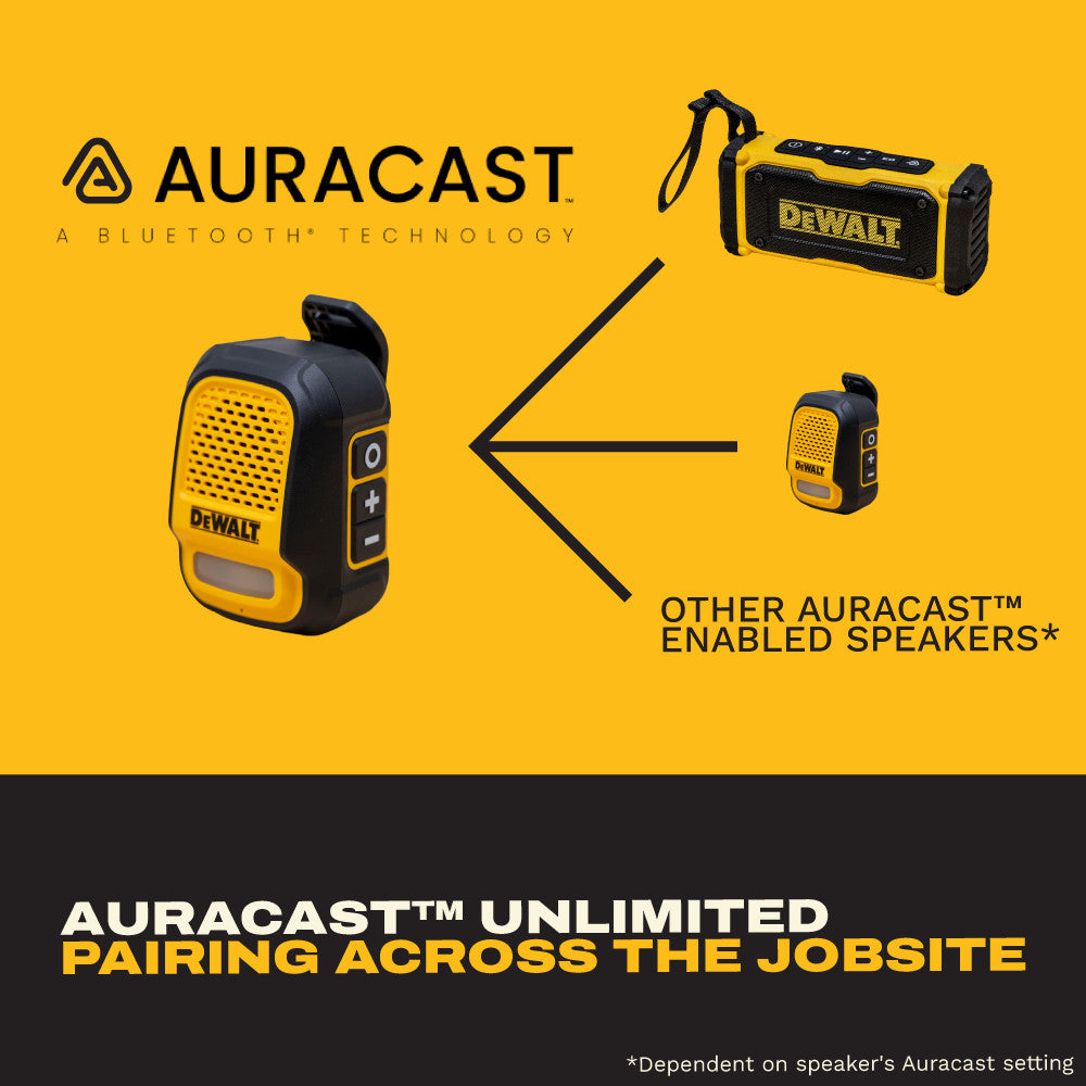 DEWALT Wearable Bluetooth Speaker Pro Max Jobsite Clip-On Mini Speaker w/LED Work Light, IP56 Water Resistant, 12H Runtime, Built-in Mic & Multi-Speaker Link