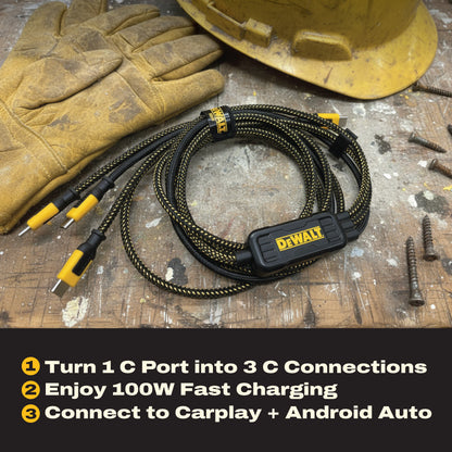 DEWALT 100W Smart USB-C to USB-C Splitter – Data Transfer & Fast Charging, 1-to-3 Output, Kevlar Reinforced, 6ft Heavy-Duty for Laptop, MacBook, iPad, Android, Samsung, iPhone, Works w/Carplay