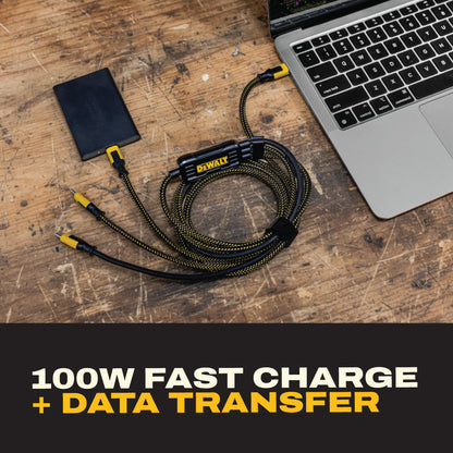 DEWALT 100W Smart USB-C to USB-C Splitter – Data Transfer & Fast Charging, 1-to-3 Output, Kevlar Reinforced, 6ft Heavy-Duty for Laptop, MacBook, iPad, Android, Samsung, iPhone, Works w/Carplay